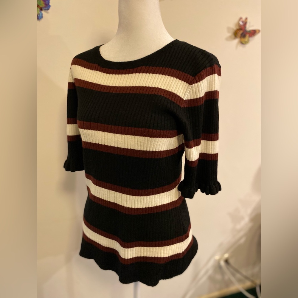 FRAME Black Short Sleeve Ribbed Sweater with Brown and White Stripes size M